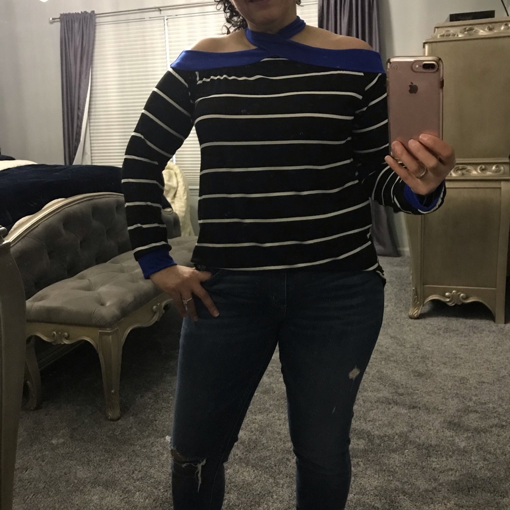Stripe Knit Top with Contrast Overlapped Neck 💙